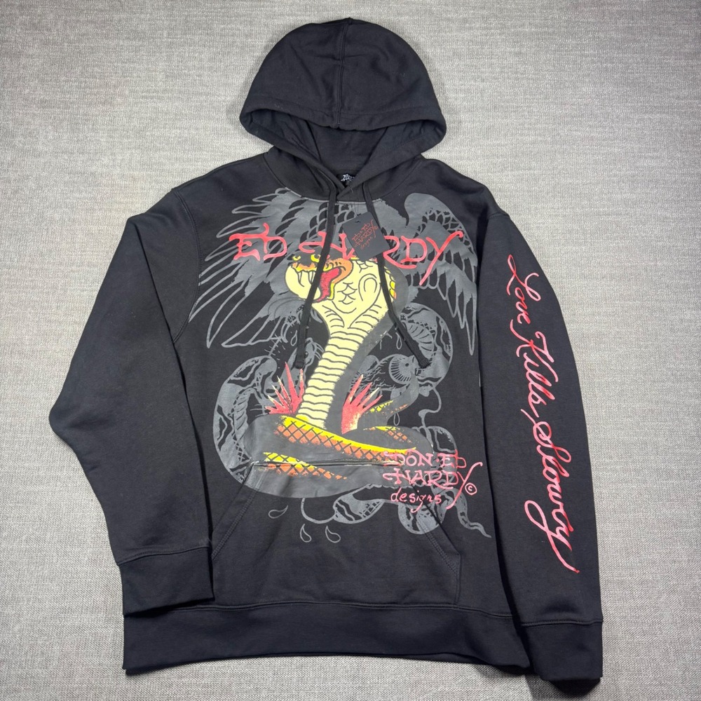 Ed Hardy Cobra Eagle Graphic Hoodie Black Large Y2K Tattoo Snake Streetwear